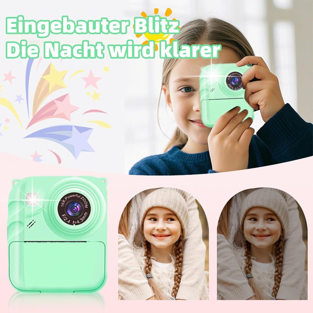 Sofortbildkamera Kinder, 1080P Digitalkamera mit 3 Druckrollen, 32GB Karte & Hülle, Kinderkamera mit