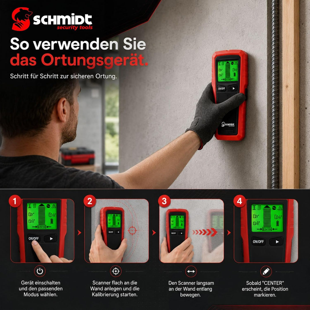 SCHMIDT security Tools Digitaler Ortungsgerät - LCD Display - Wandscanner - Tonfunktion - Leitungssu