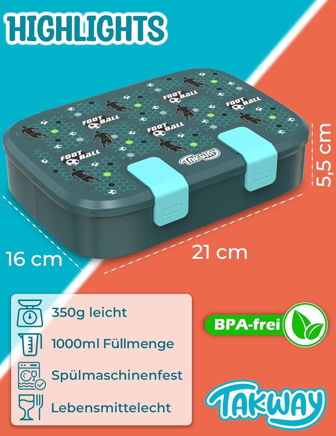 Brotdose Kinder mit Fächern - Bento Box Lunchbox BPA Frei - robust &amp; leicht zu öffnen (Fussball), Fu