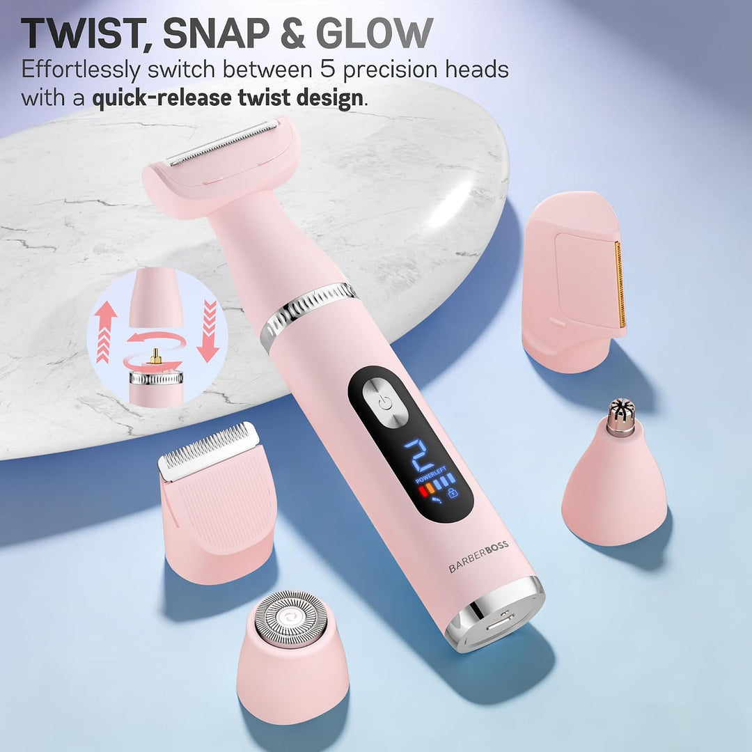 BarberBoss 5-in-1 Elektrorasierer Damen, Damenrasierer mit Bikini Trimmer, Gesichtsrasierer, Nasen-
