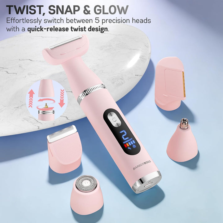 BarberBoss 5-in-1 Elektrorasierer Damen, Damenrasierer mit Bikini Trimmer, Gesichtsrasierer, Nasen-