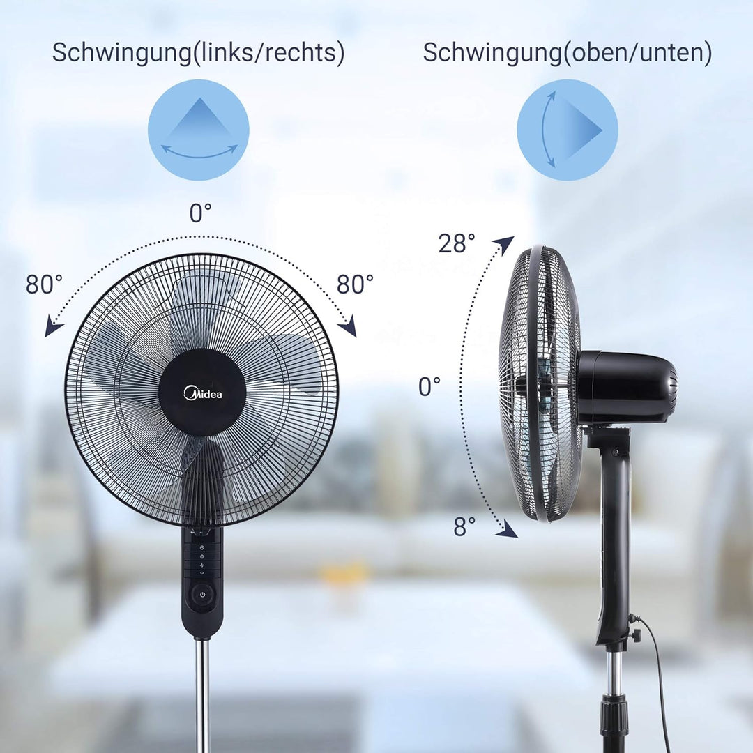 Midea FS40-15FR Standventilator Leise mit Fernbedienung,3 Geschwindigkeitsstufen,LED Anzeige, 7,5H T
