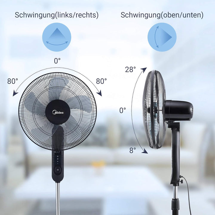Midea FS40-15FR Standventilator Leise mit Fernbedienung,3 Geschwindigkeitsstufen,LED Anzeige, 7,5H T