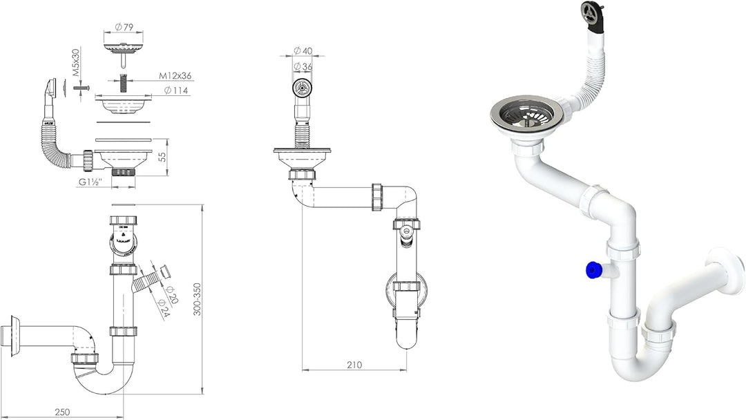 GRANMASTER Siphon Küchenspüle Manuelle 1-Kammer Raumsparsiphon - Syphon - Ablaufgarnitur für Spüle -