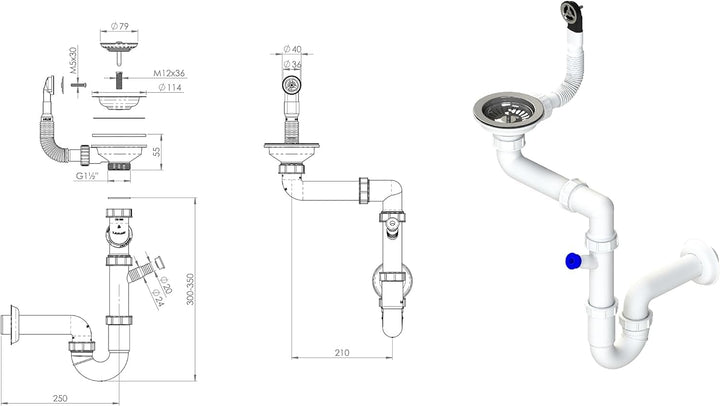 GRANMASTER Siphon Küchenspüle Manuelle 1-Kammer Raumsparsiphon - Syphon - Ablaufgarnitur für Spüle -
