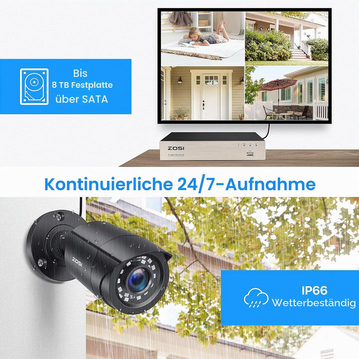 ZOSI 4 Stück 2MP 1080P Outdoor Video Überwachungskamera Set mit Netzteil und Videokabel, 1080P TVI H