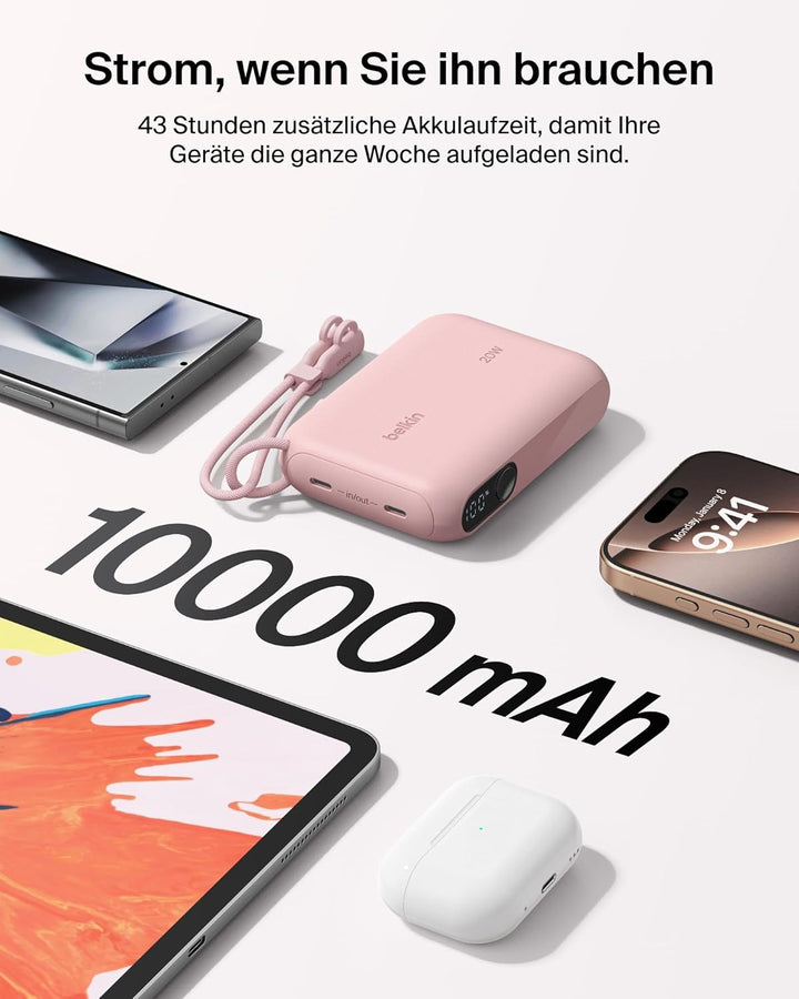 Belkin Powerbank 10.000 mAh, Powerbank mit 2 USB-C-Anschlüssen, Handyakkus mit Digitale Akkuanzeige,