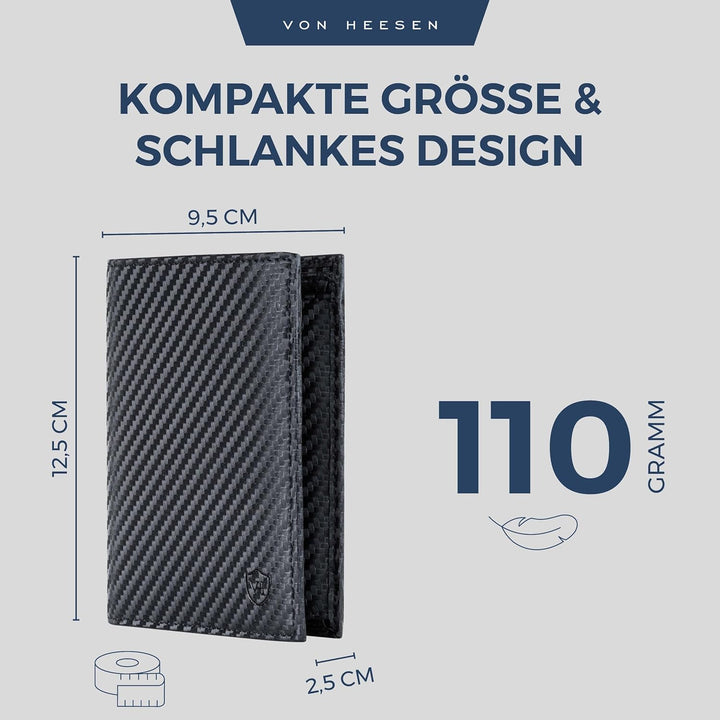 VON HEESEN® Geldbörse Herren & Damen (Carbon-Schwarz, MIT MÜNZFACH) Schwarz Carbon MIT XL MÜNZFACH,