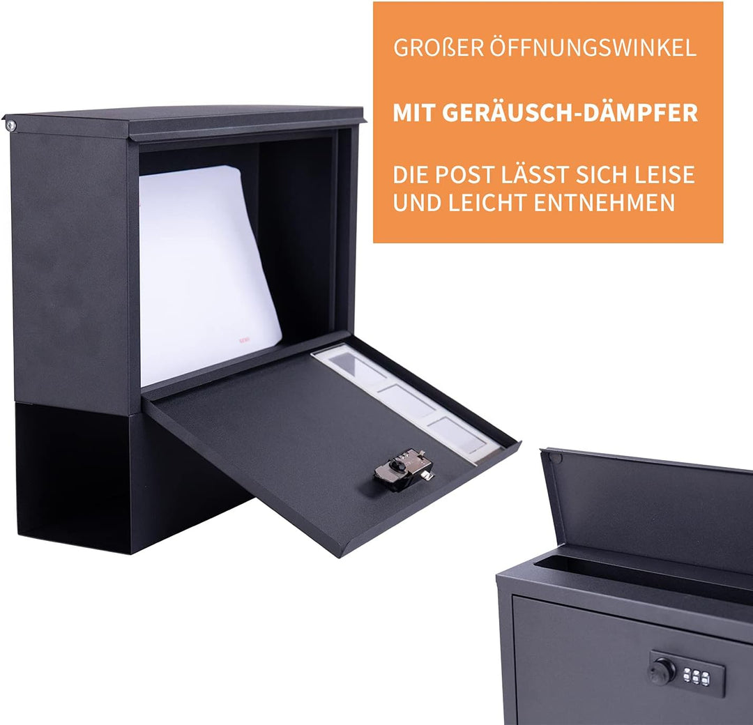 MAITTON Briefkasten mit Zahlenschloss – Schwarz Wandbriefkasten mit Zeitungsfach aus Edelstahl, Mode