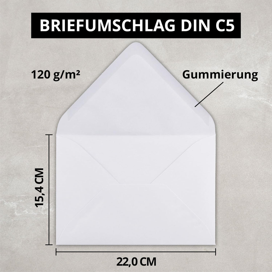 Briefumschläge in Hochweiss - 50 Stück - DIN C5 Kuverts 22,0 x 15,4 cm - Nassklebung ohne Fenster -