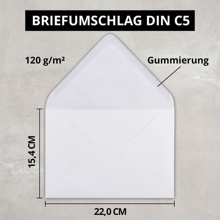 Briefumschläge in Hochweiss - 50 Stück - DIN C5 Kuverts 22,0 x 15,4 cm - Nassklebung ohne Fenster -