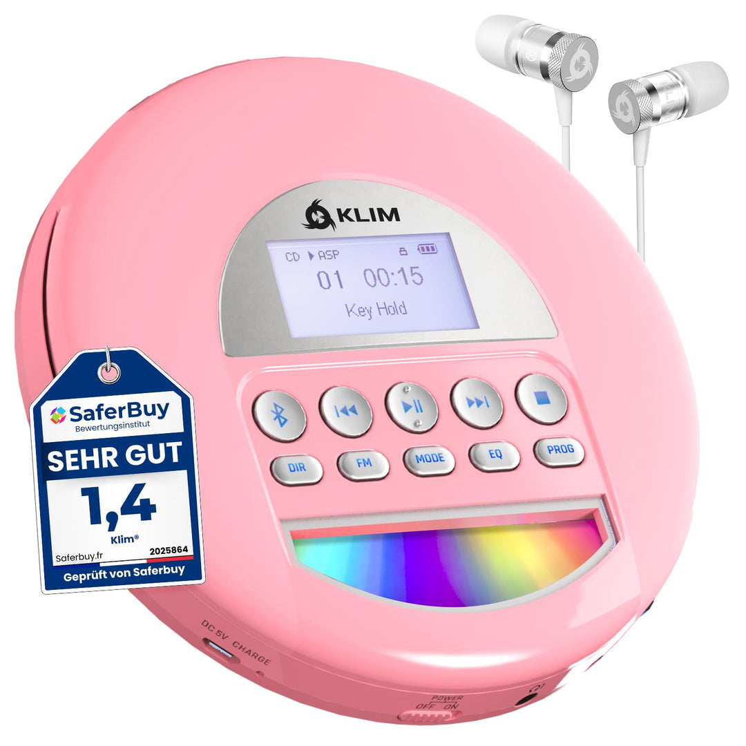 KLIM Nomad CD Player Bluetooth - Tragbarer CD-Player Discman mit langlebigem Akku - Inklusive Kopfhö