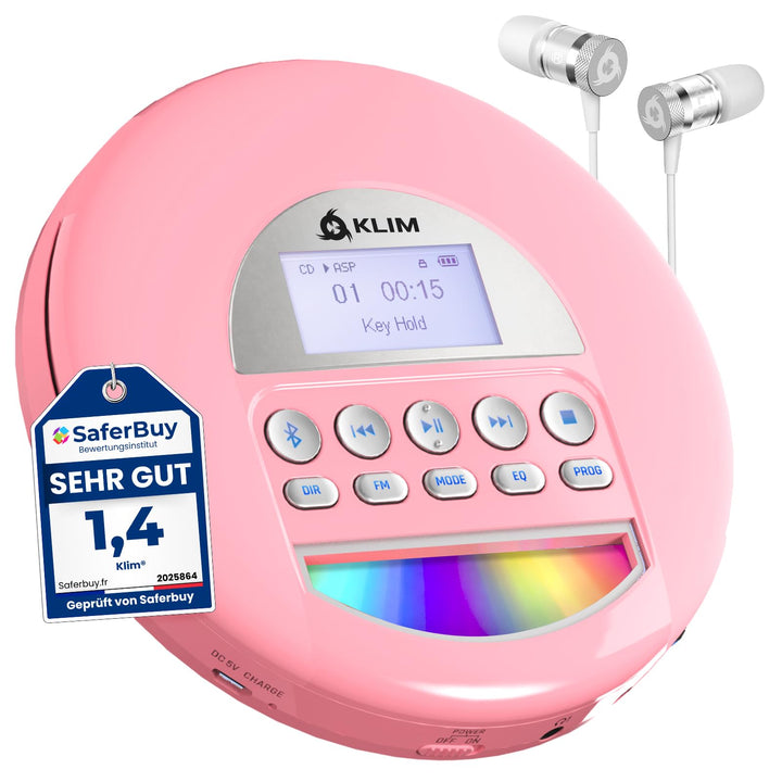 KLIM Nomad CD Player Bluetooth - Tragbarer CD-Player Discman mit langlebigem Akku - Inklusive Kopfhö