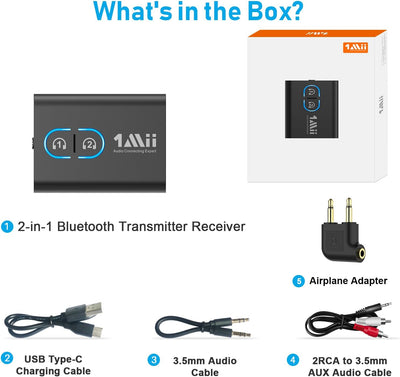 1Mii Bluetooth 5.3 Adapter Transmitter für TV Audio auf 2 Kopfhörer, 2-in-1 Bluetooth Sender Empfäng