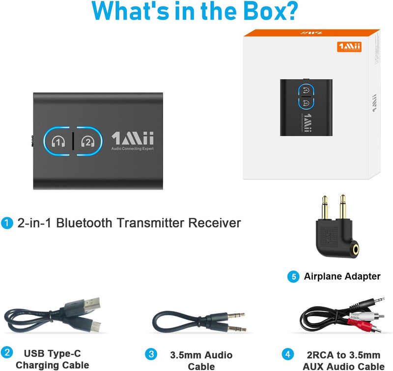 1Mii Bluetooth 5.3 Adapter Transmitter für TV Audio auf 2 Kopfhörer, 2-in-1 Bluetooth Sender Empfäng