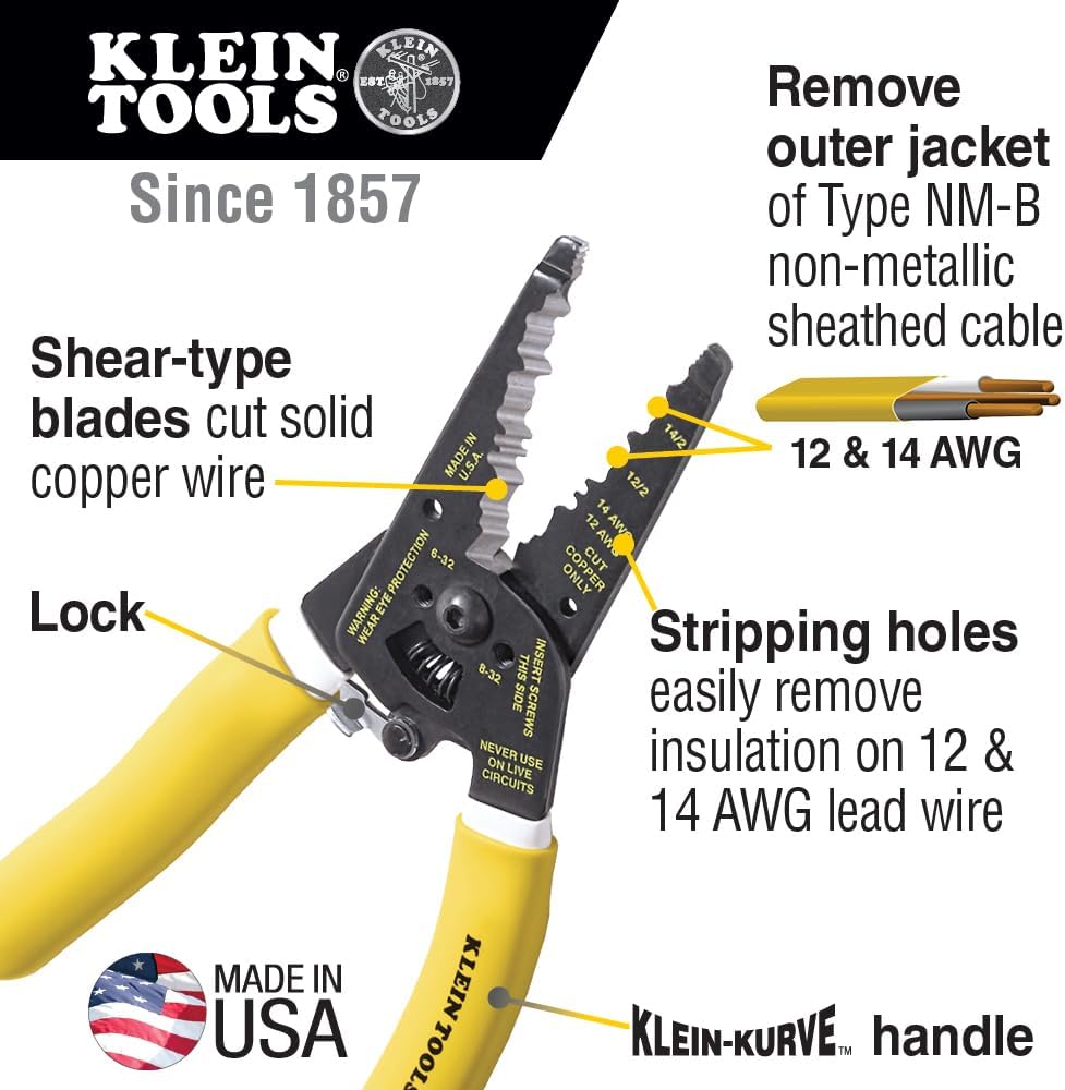 Klein Tools K1412 Wire Cutter/Wire Stripper, Dual NM Cable,Yellow/White, Strips 12 and 14 AWG Solid