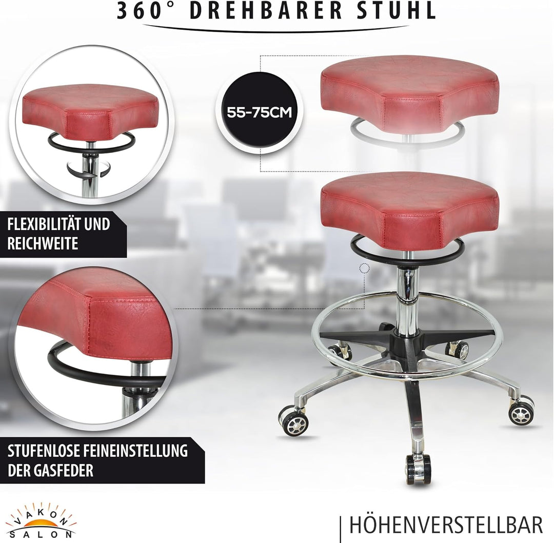 Design ergonomischer Rollhocker auf Rollen Rot - Höhenverstellbarer von 55 bis 75 cm mit Fussring -