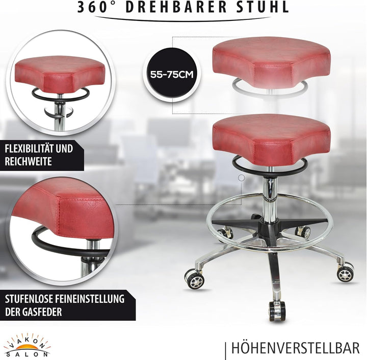 Design ergonomischer Rollhocker auf Rollen Rot - Höhenverstellbarer von 55 bis 75 cm mit Fussring -