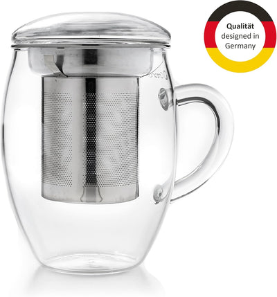 Creano Teeglas All in one 400ml 2er Set, Grosse Teetasse mit Edelstahlsieb und Deckel aus Glas, Teeb