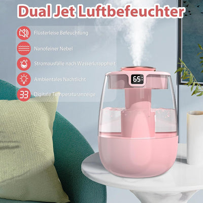 Luftbefeuchter, 1L Leise Humidifier mit 2 Loch, Luftbefeuchter mit leiser USB-Digitalanzeige, 2 Nebe