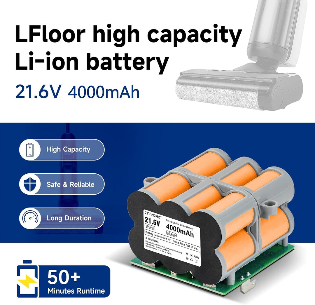 CITYORK 21.6 V 4000mAh Ersatz Akku kompatibel mit Tineco Floor ONE S5/S5 PRO 2/Floor ONE S5 Smart/S5