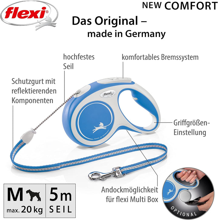Flexi Leine New Comfort, Hundeleine Katzenleine Rollleine, Blau, M 20kg / 5m Seil Blau M 20kg / 5m S