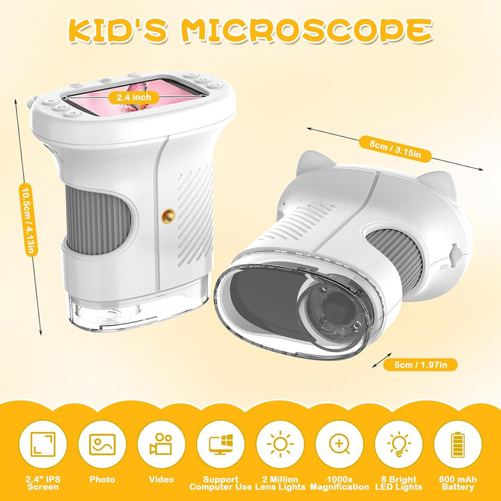 Handmikroskop für Kinder, 1000X Zoom Digitales USB-Mikroskope mit 2,4-Zoll-IPS-Bildschirm, Tragbare