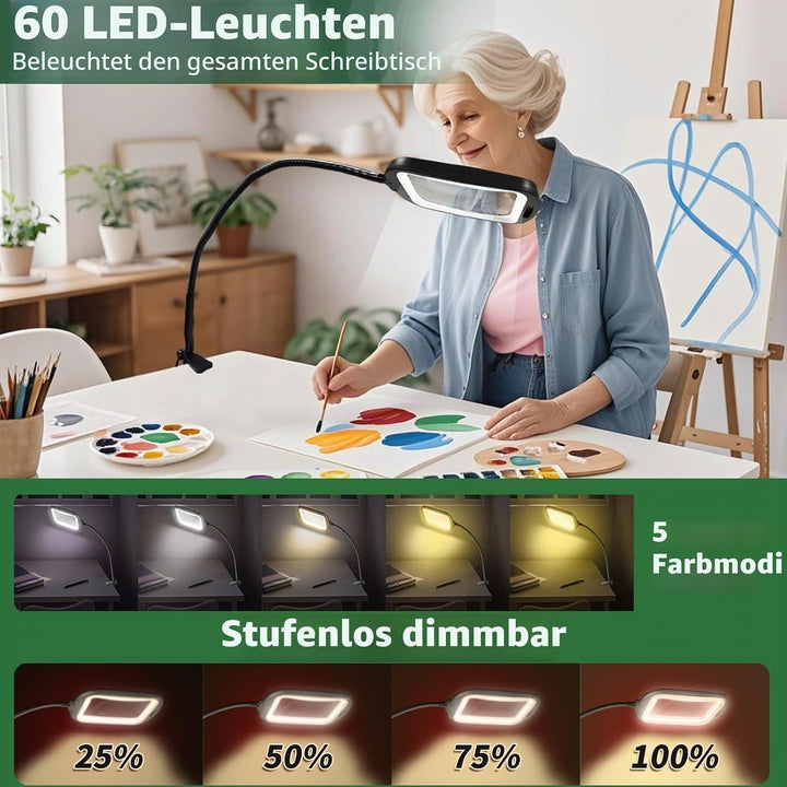10X Standlupe mit Licht und Ständer, 2 in 1 Lupenlampe mit 60 LED, Rechteckige Flexible Schwanenhals