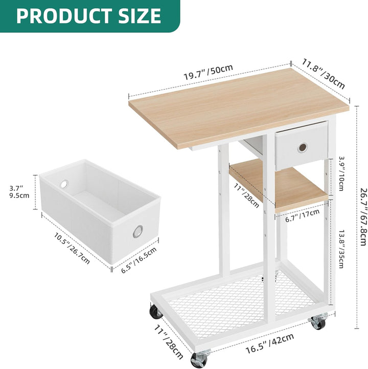 YITAHOME Beistelltisch, C-Form Sofatisch mit Rollen und Schublade，Wohnzimmertisch für Kaffee und Lap