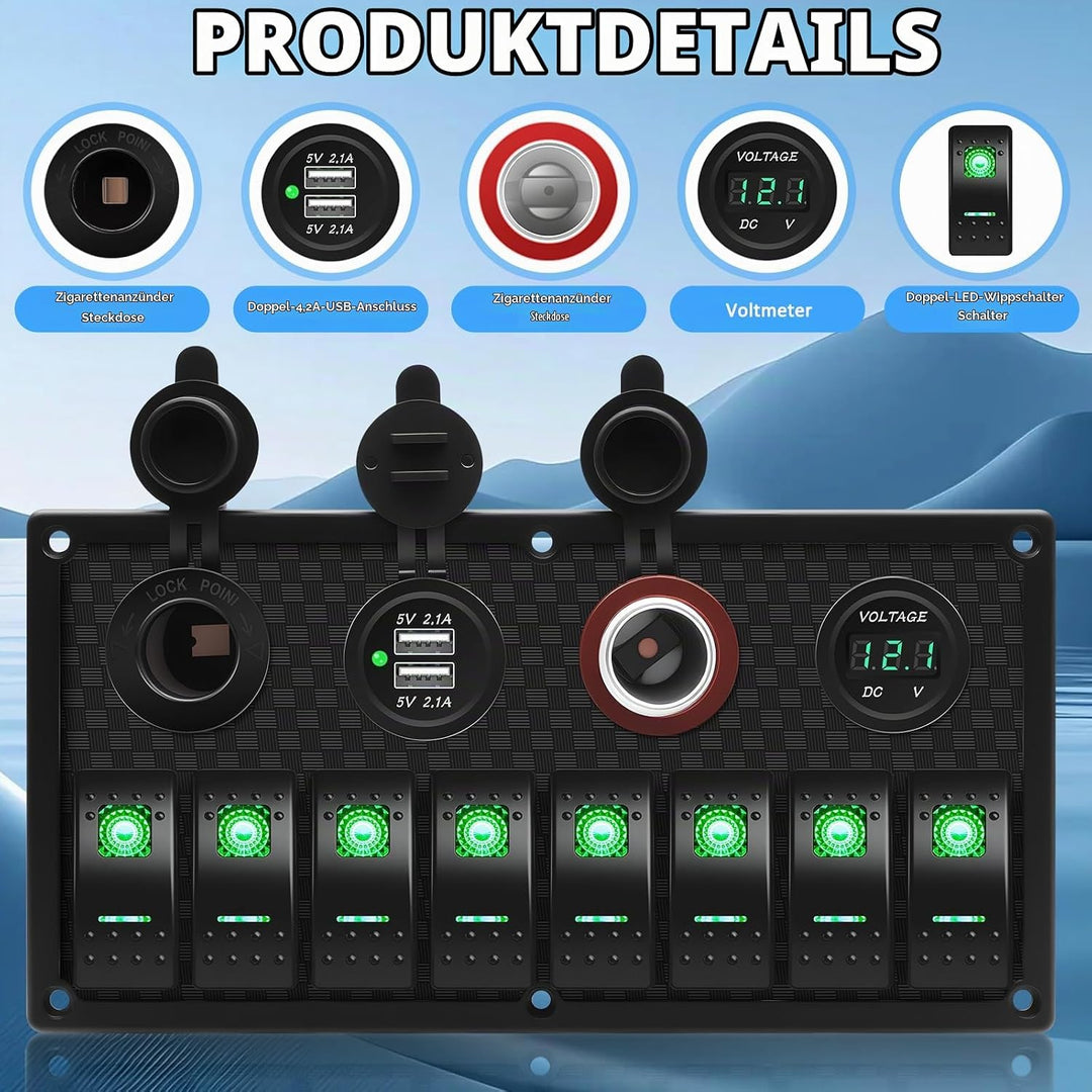 Geloo 8 Gang LED Toggle Rocker Switch Panel, 12V/24V Digital Voltage Display Dual USB Charger Port W