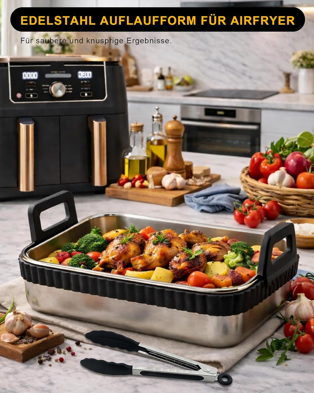 3-tlg. Edelstahl Auflaufform Airfryer Zubehör für Ninja Dual Zone & FlexDrawer AF400EU AF451EU AF500