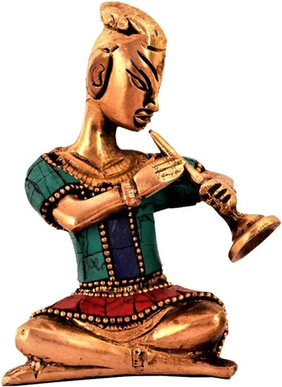 Purpledip Brass Statue Set: Folk Musician Figurines With Gemstones; Comtemporary Decor Gift Souvenir