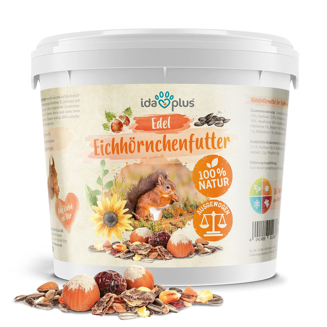 Ida Plus Edel Eichhörnchenfutter - 1000 g - Reich an Nüssen & Früchten - Ganzjahres Futter im Eimer