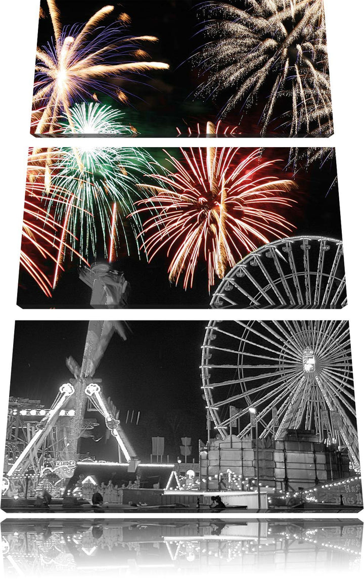 Pixxprint Silvester Feuerwerk schwarz/weiss als Leinwandbild/Grösse: 3 Teilig (120x80) cm/Wandbild/K