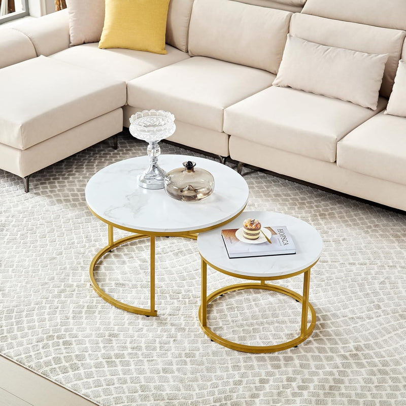 HeyHeaven® Couchtisch rund Marmor 2er Set – Runder Couch Tisch in Weiss Marmor Optik mit Golg Metall