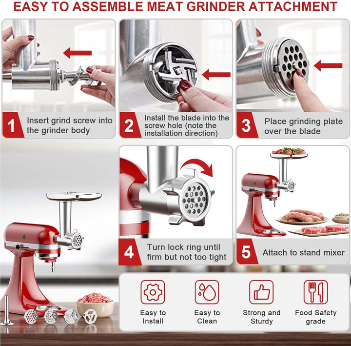 COFUN Fleischwolf Aufsatz für Kitchenaid Zubehör, Metall Fleischwolf Satz mit 4 Mahlscheibe 3 Wurstf