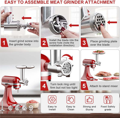 COFUN Fleischwolf Aufsatz für Kitchenaid Zubehör, als Kitchen Aid Zubehör mit 4 Mahlscheibe 3 Wurstf