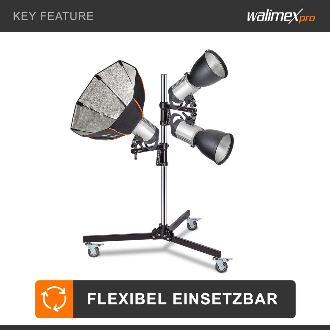 Walimex pro Rollstativ 223cm - Robustes Studiostativ mit 2 schnell verschiebbaren Klemmhaltern und s