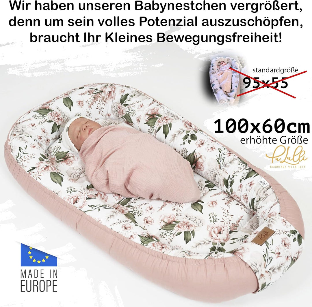 PaLulli® Extra Grosses Babynest 100x60 cm Baumwolle | Beidseitig nutzbares Kuschelnest für Babys | H