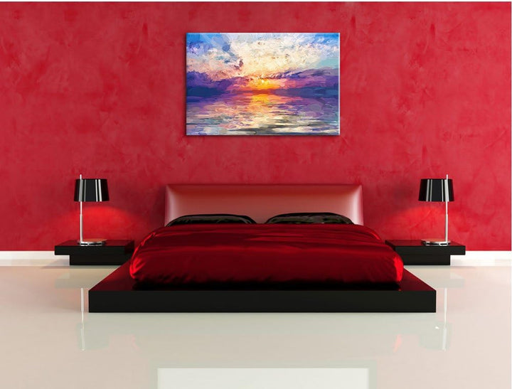 Pixxprint Sonnenaufgang im Meer / 100x70cm Leinwandbild bespannt auf Holzrahmen/Wandbild Kunstdruck