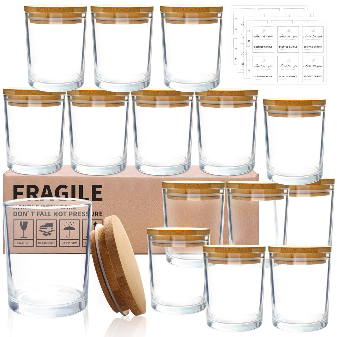 CONNOO 15 Stück 200 ml klarem Glas-Kerzengläser für die Herstellung von Kerzen mit luftdichten Bambu