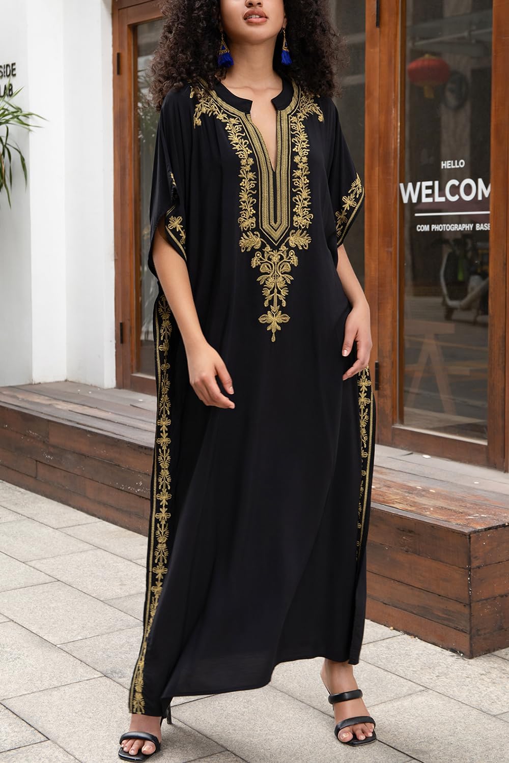 L-Peach Damen Stickerei Kaftan Loungewear Homewear Übergrosse Kimono Maxi Strandkleid Cover Ups Robe