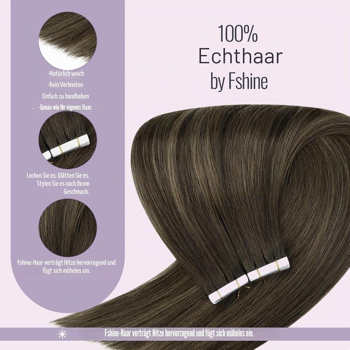 Fshine Echthaar Extensions Tape in Echthaar Balayage Dunkelbraun bis Kastanienbraun 30cm 20 Stücke 3