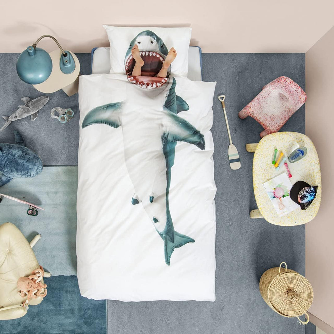 Snurk Kinder Bettwäsche Set Garnitur Heimtextilie Bettdecke Kopfkissen Shark 135 x 200 cm 100% Baumw