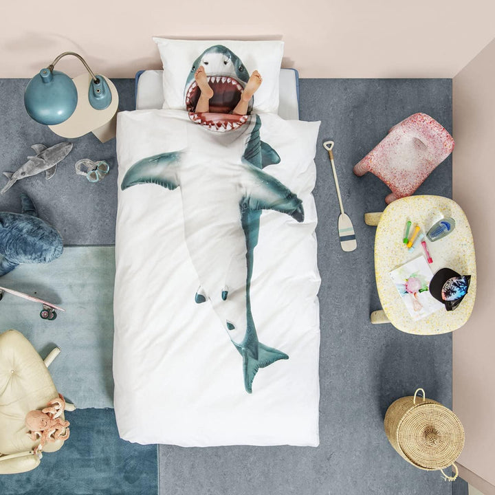 Snurk Kinder Bettwäsche Set Garnitur Heimtextilie Bettdecke Kopfkissen Shark 135 x 200 cm 100% Baumw