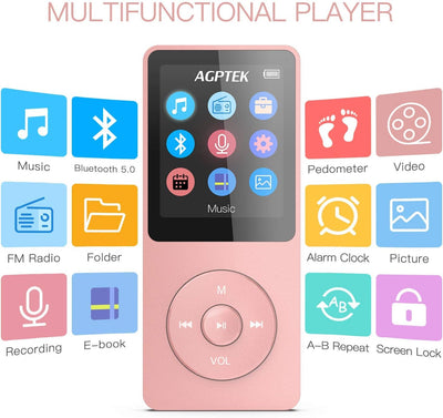 AGPTEK MP3 Player 16GB Bluetooth 5.0 mit Kopfhörer, 1.8 Zoll 70 Stunden Wiedergabezeit Digital Kinde