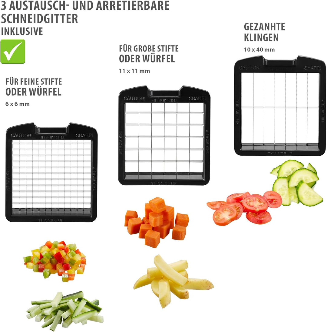 GEFU Würfel- und Stifteschneider mit Behälter | 3 Einsätze für Würfel, Stifte & Scheiben | Edelstahl