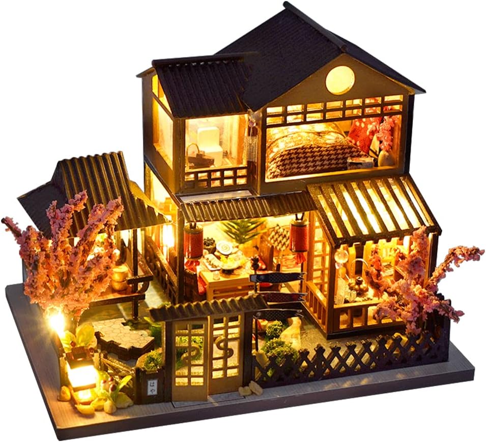 CUTEBEE Puppenhaus Miniatur mit Möbeln, Idee DIY hölzernes Miniatur Haus Kit mit LED-Licht, Massstab