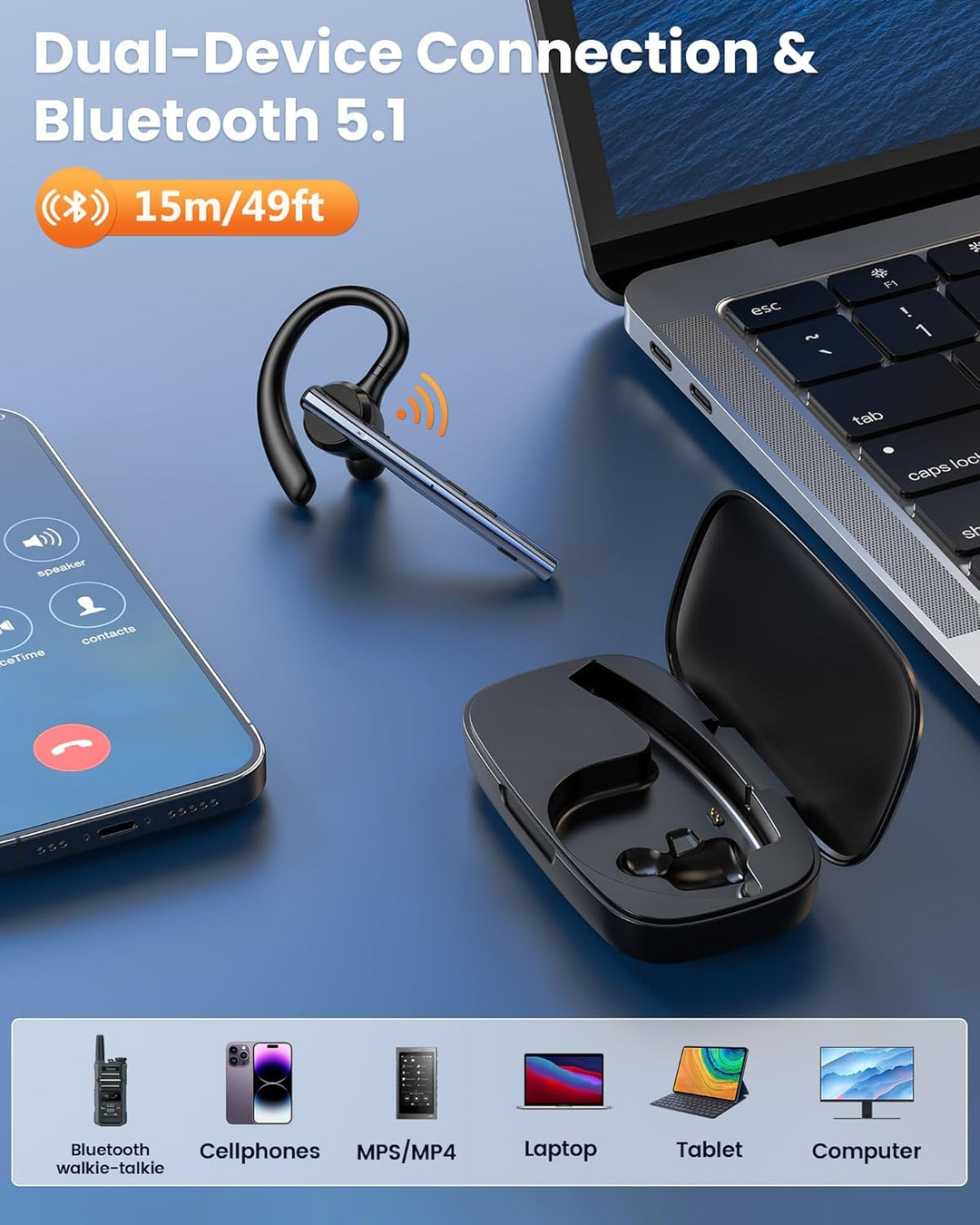 New Bee Bluetooth Headset mit 72h Spielzeit Bluetooth V5.1 Freisprech Headset Handy mit LED Ladecase