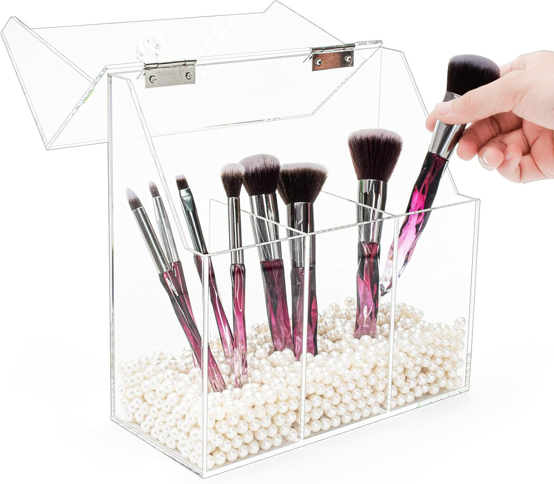 Okllen Make-up-Pinselhalter mit Staubdichtem Deckel, Weisse Perlen, Transparenter Acryl-Make-up-Pins